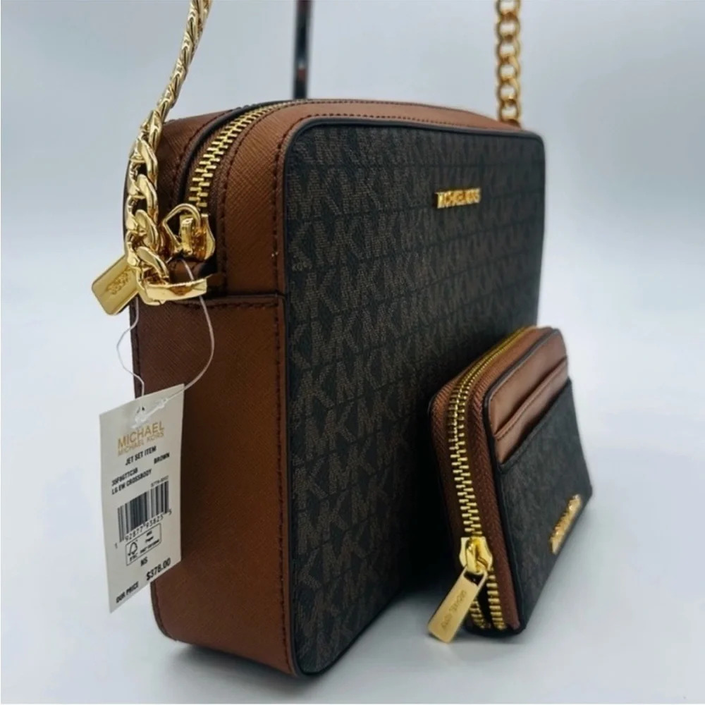 Michael Kors Large EW Crossbody Bag & Jet Set Travel ZA Card Case Wallet Brown - Picture 2 of 11